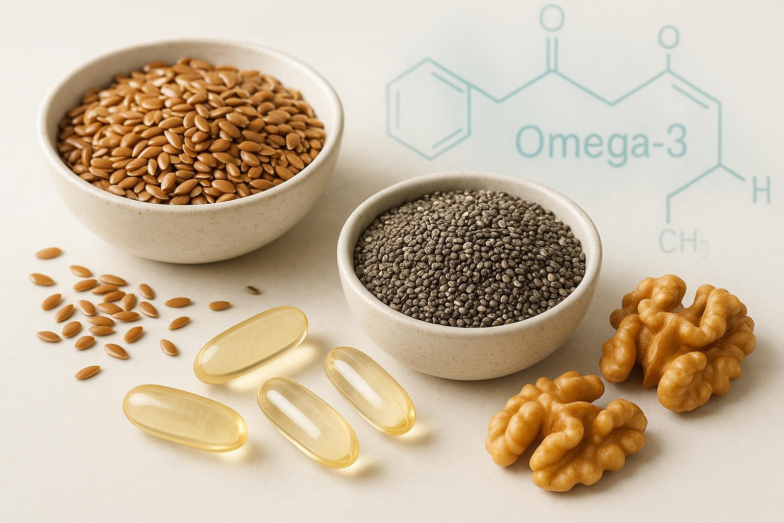 Flaxseeds, chia seeds, walnuts, and supplement capsules with a soft omega-3 molecule diagram background, representing ALA (Alpha-Linolenic Acid) in plant-based nutrition.