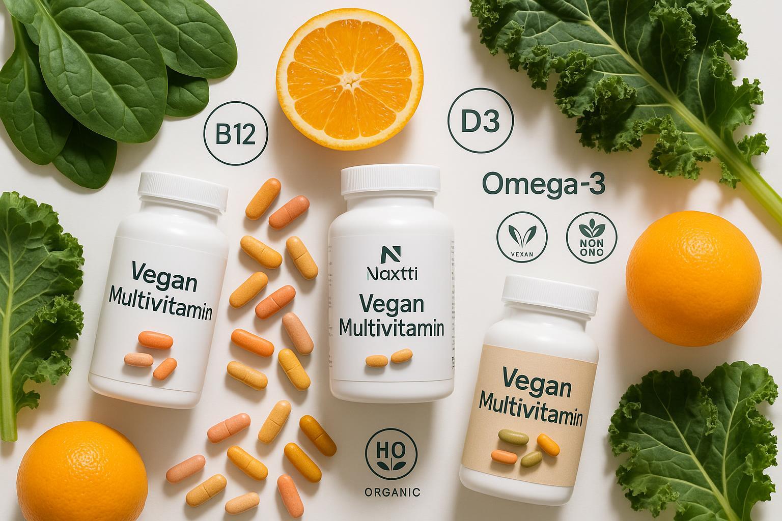 Top vegan multivitamin bottles, capsules, leafy greens, and fruit—nutrient icons and Naxttii Health logo—bright, healthy scene