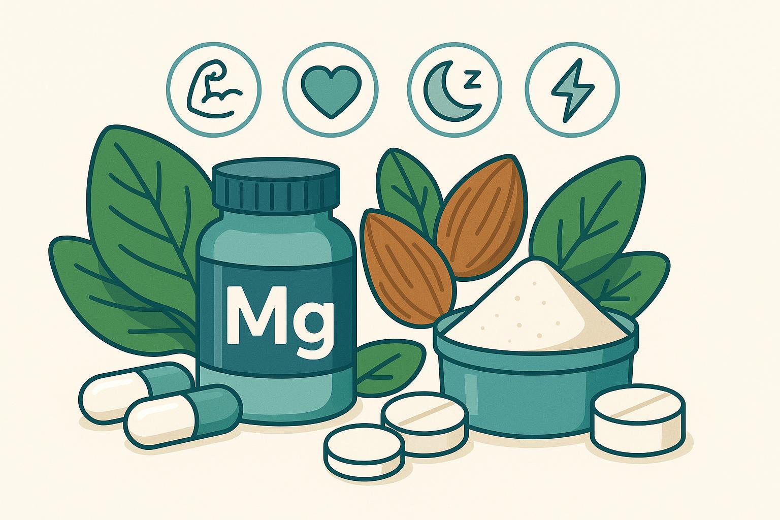 Illustration of magnesium supplements, leafy greens, and icons for muscle, heart, sleep, and energy health benefits.