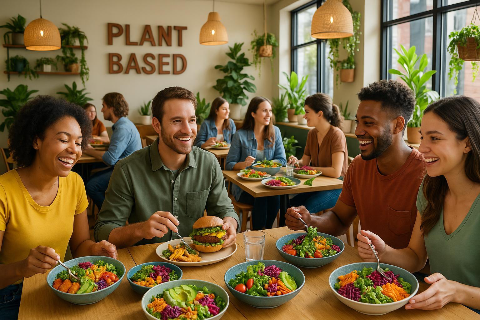 Trendy vegan restaurant in the US with joyful diners and colorful plant-based meals.