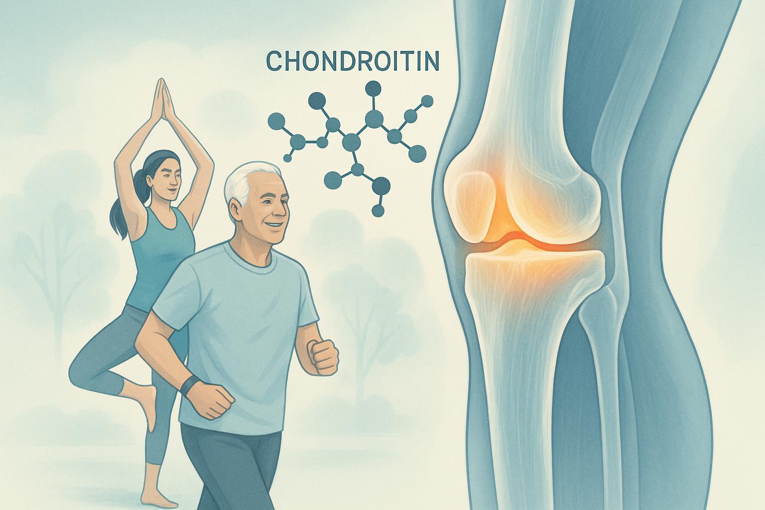 Illustration of active adults performing exercise, with a highlighted knee joint and chondroitin molecule structure, symbolizing joint health and science.