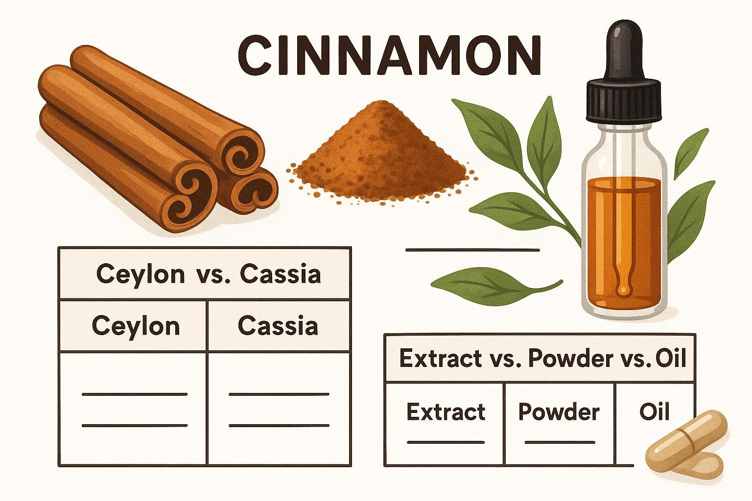 Comparison and benefits of Cinnamon Extract for supplements, featuring Ceylon vs. Cassia, extract, powder, and capsules.