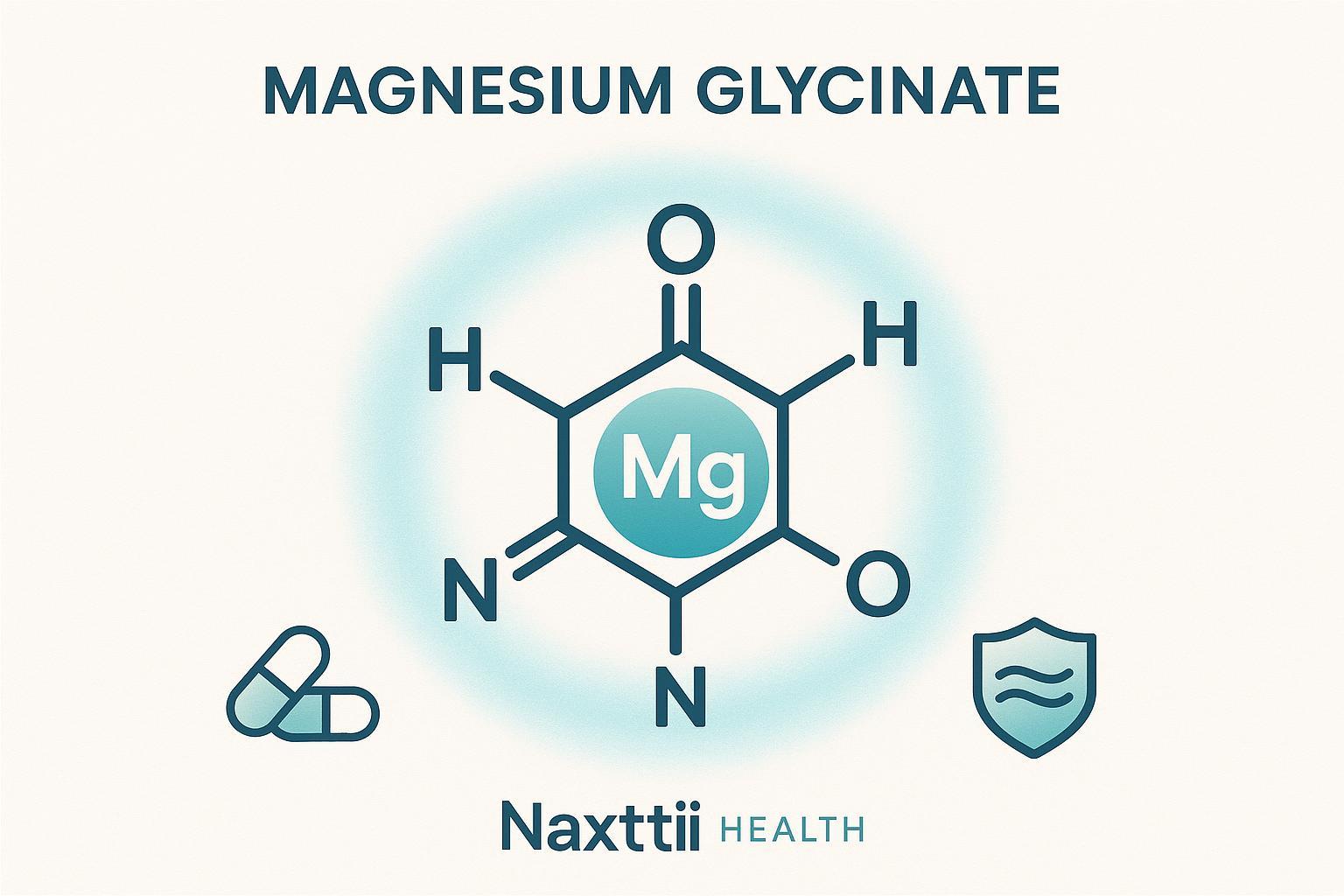 Chelated magnesium glycinate buffered explained visually: molecule with glycine and buffering shield