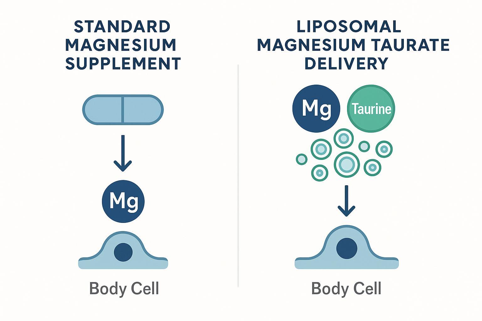 Illustration comparing standard magnesium supplement absorption versus liposomal magnesium taurate delivery system.