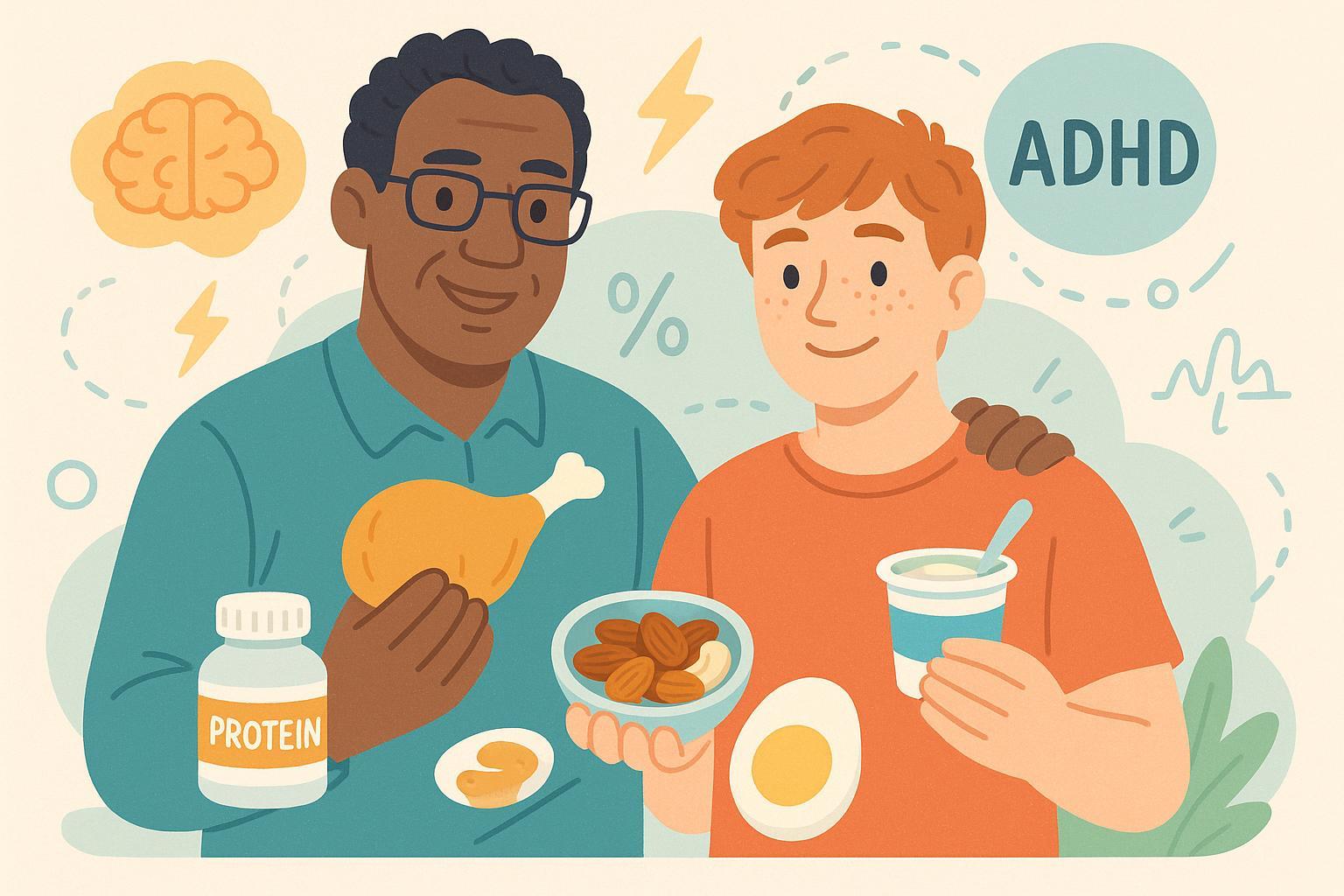 Beginner’s Guide cover: ADHD nutrition for adults and teens, with friendly faces, protein foods, supplements, and brain icons.