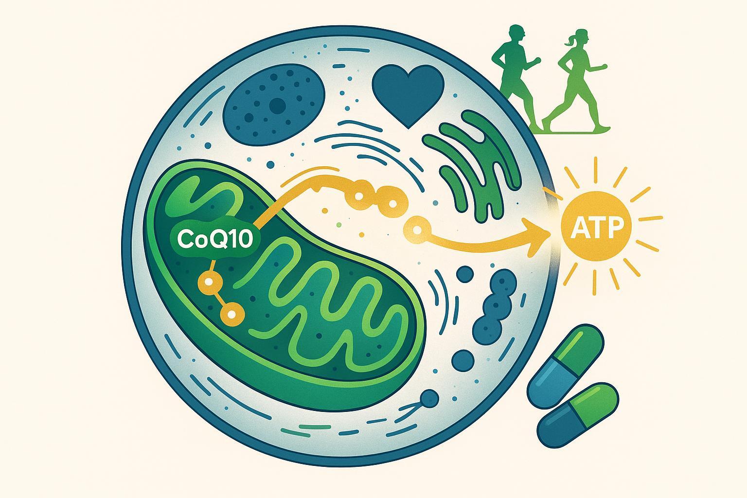Diagram of CoQ10 function in mitochondria with wellness motifs