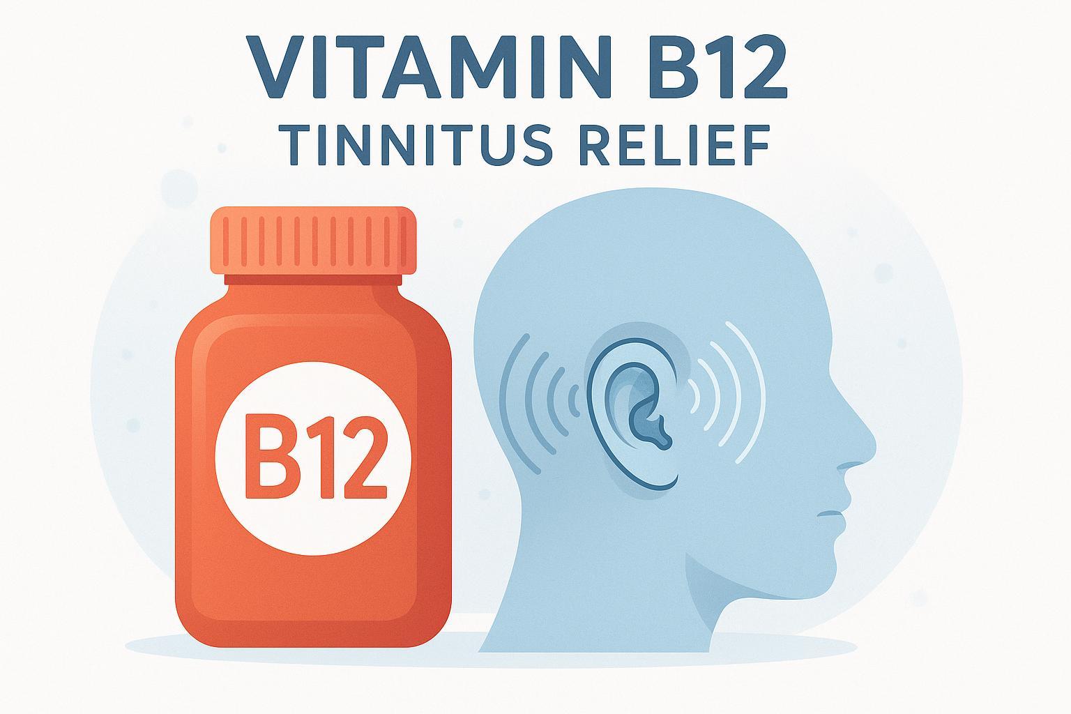Vitamin B12 supplement and tinnitus relief concept with human ear and sound waves