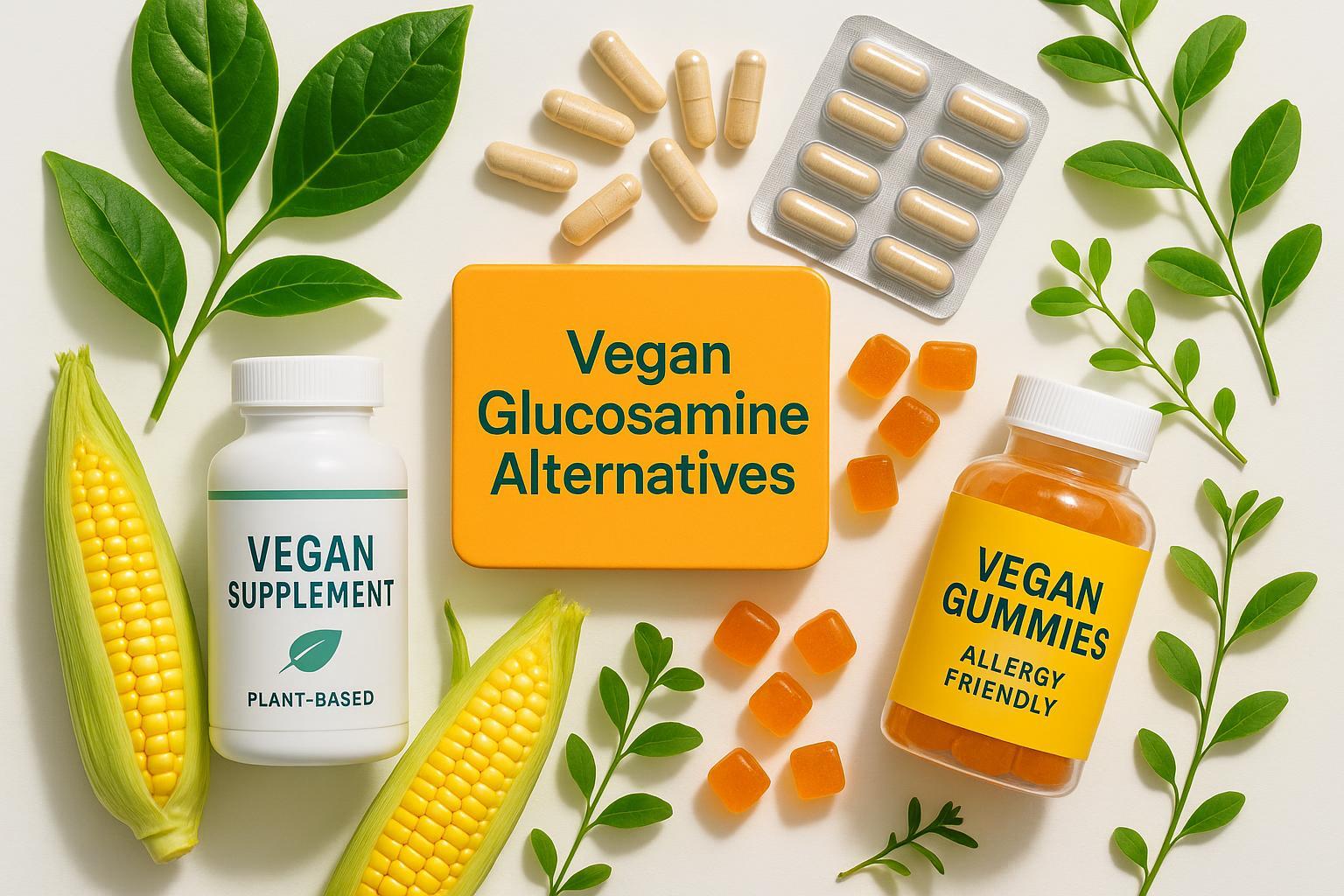 Flatlay of vegan glucosamine supplement capsules and gummies surrounded by corn and green leaves, with visible vegan logos.