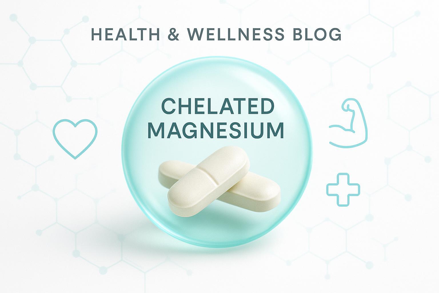 Chelated magnesium supplement with molecular structure visual, emphasizing absorption.