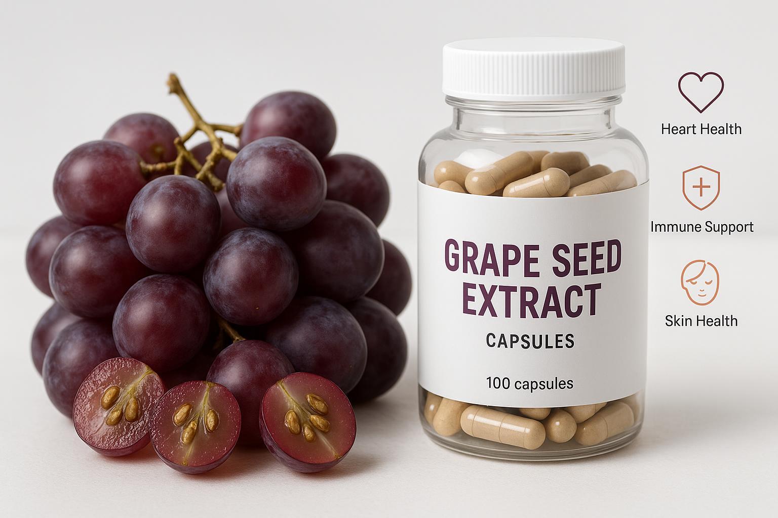 Grape Seed Extract supplement with grapes and health icons