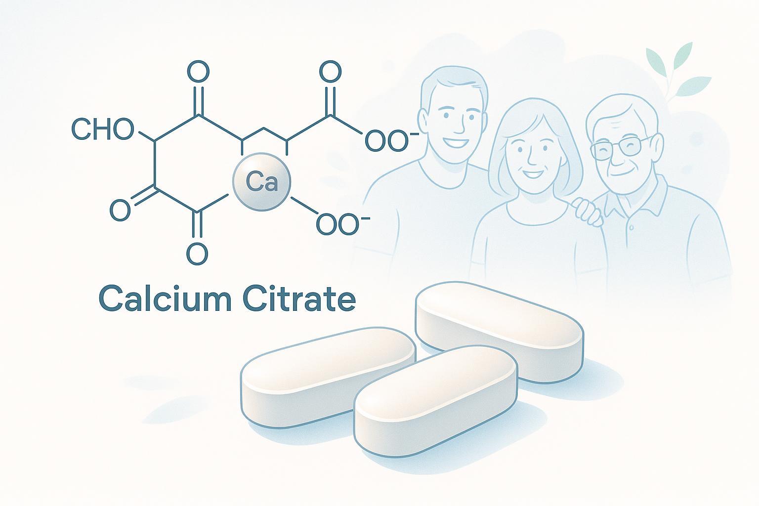 Calcium Citrate supplements with molecular structure and family health theme.