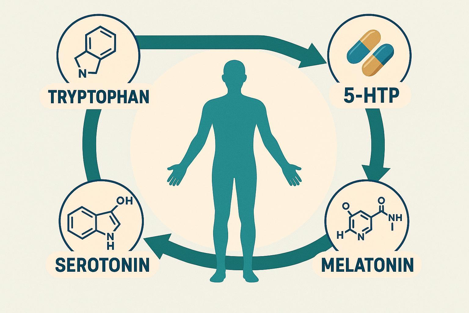 Pathway diagram: tryptophan to 5-HTP to serotonin and melatonin, wellness context.