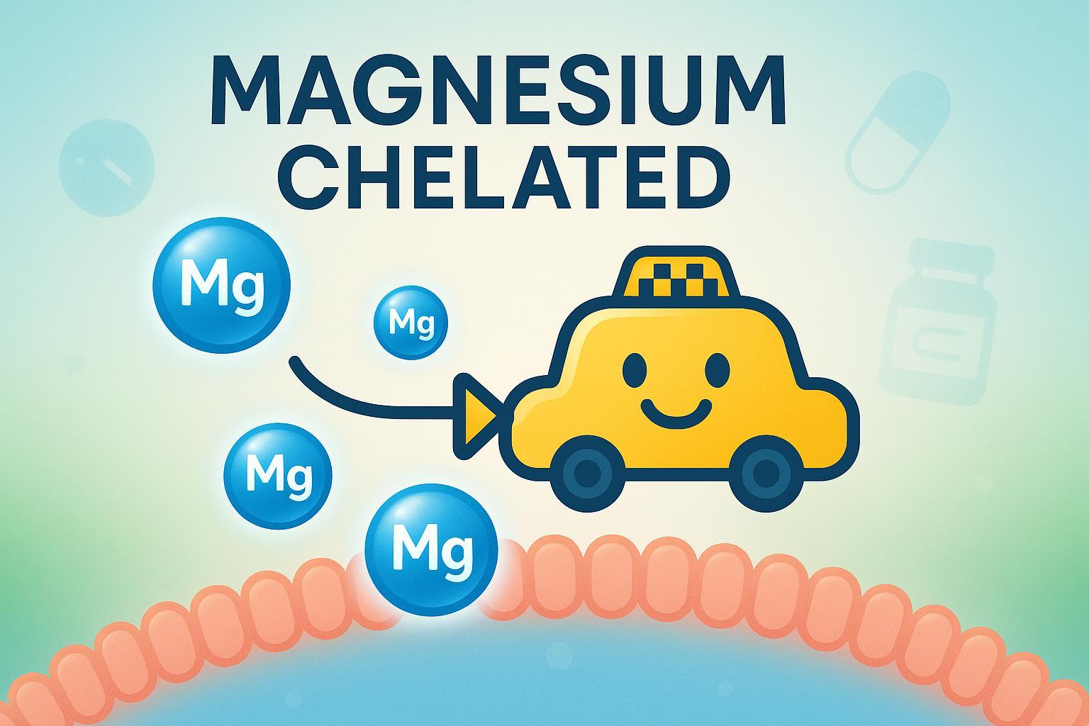 Cover illustration showing chelated magnesium molecules riding a yellow taxi through a cell membrane, set in a wellness-themed blue and green background.