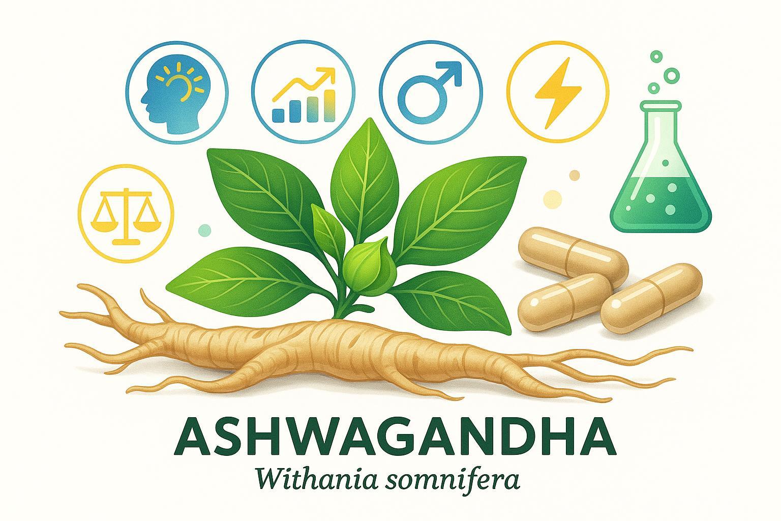 Ashwagandha plant with supplement capsules and scientific wellness icons