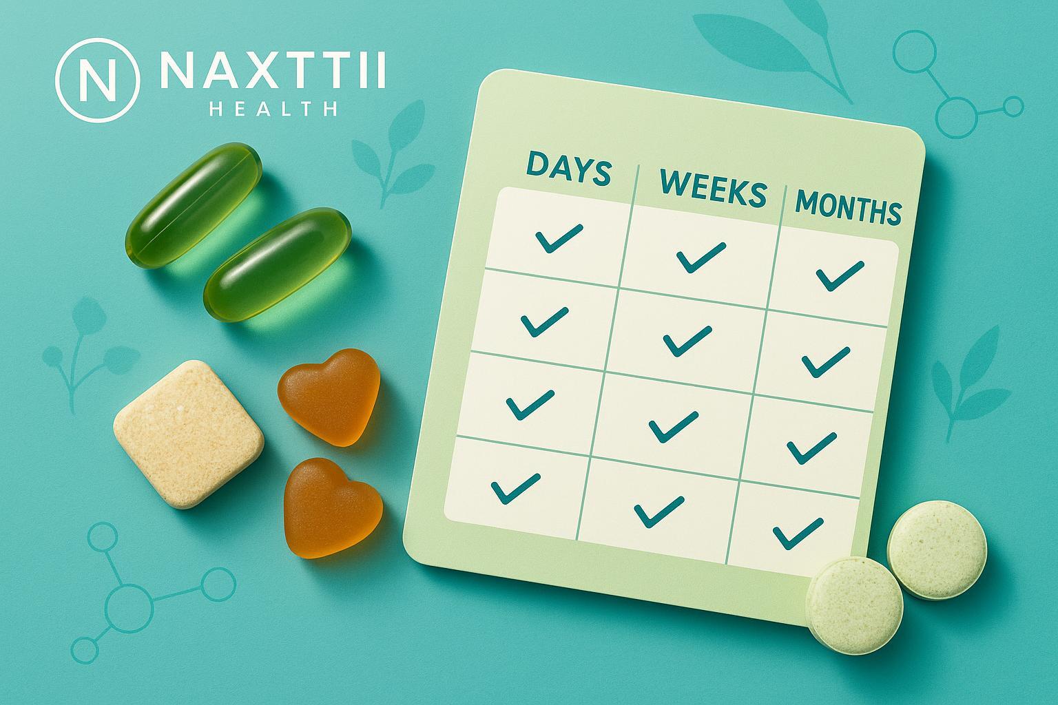 How long it takes for vitamins or supplements to work – timeline with supplements and calendar, Naxttii Health branding.