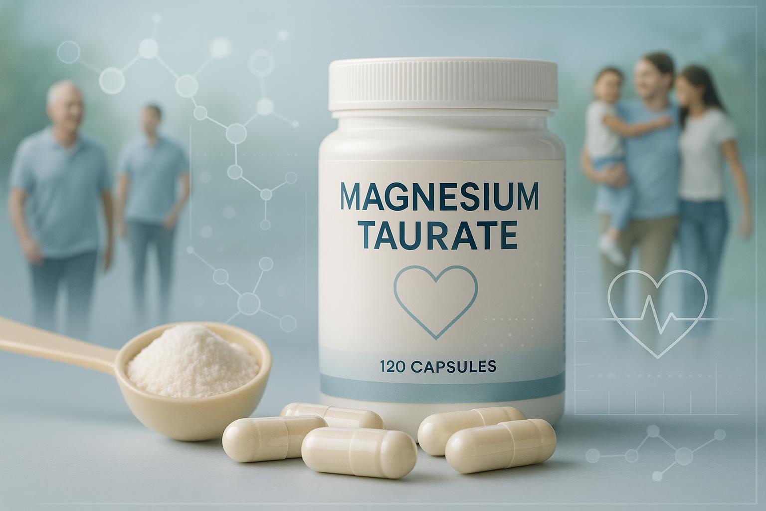 Magnesium taurate supplement capsules and heart health visual