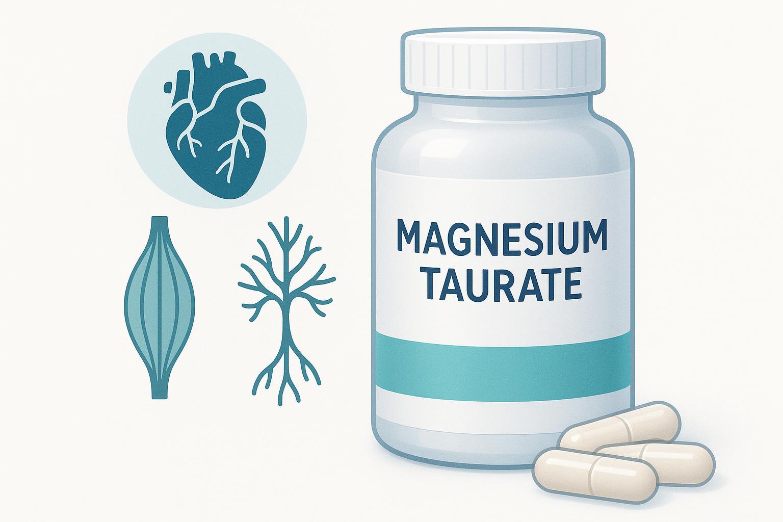 Magnesium taurate supplements with icons of heart, muscles, and nerves, in a modern health and wellness theme.