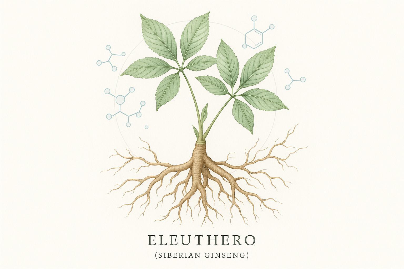 Botanical depiction of Eleuthero (Siberian Ginseng) with roots, leaves, and scientific wellness elements
