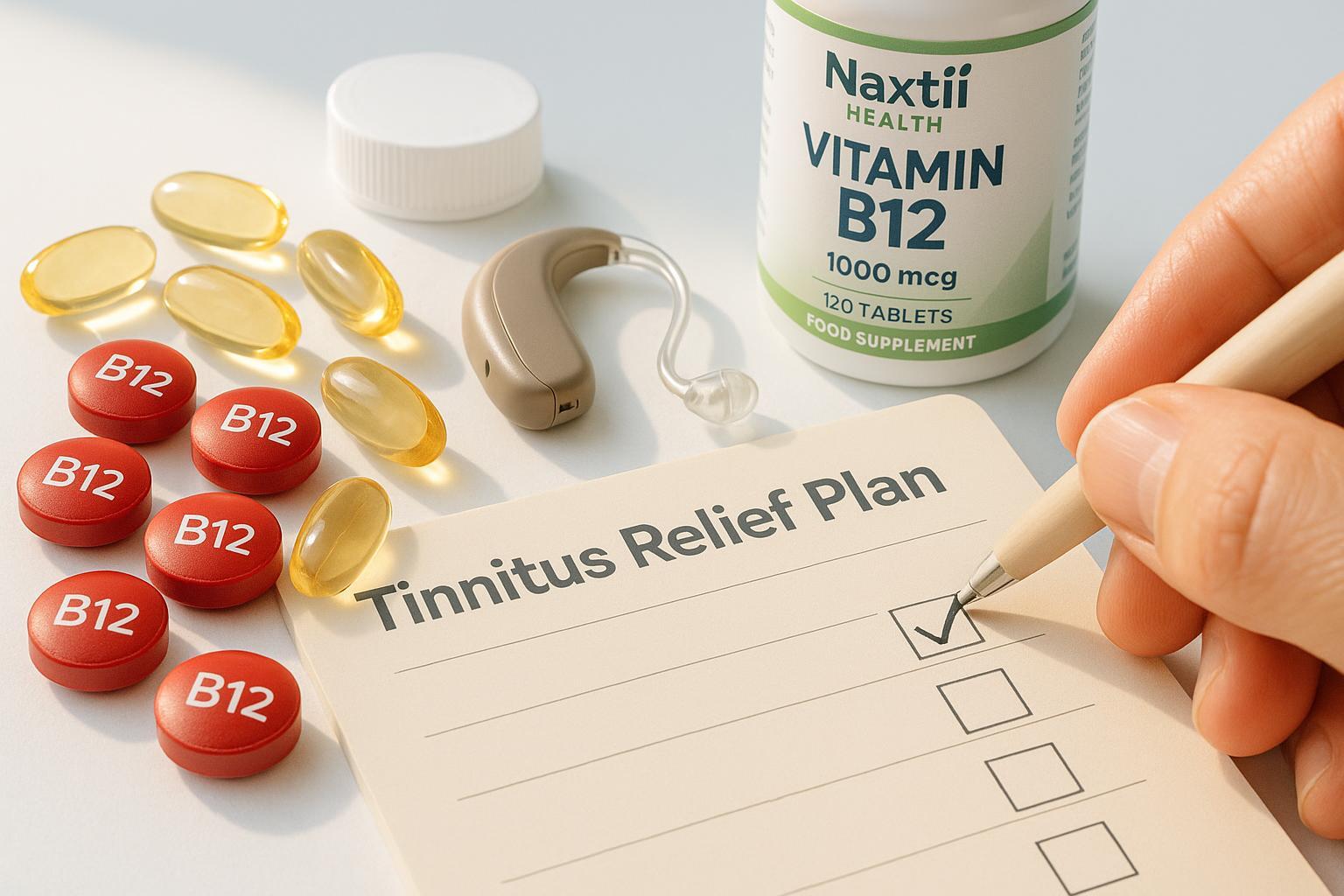 Vitamin B12 supplements, checklist, and tinnitus relief plan visual for Naxttii Health guide