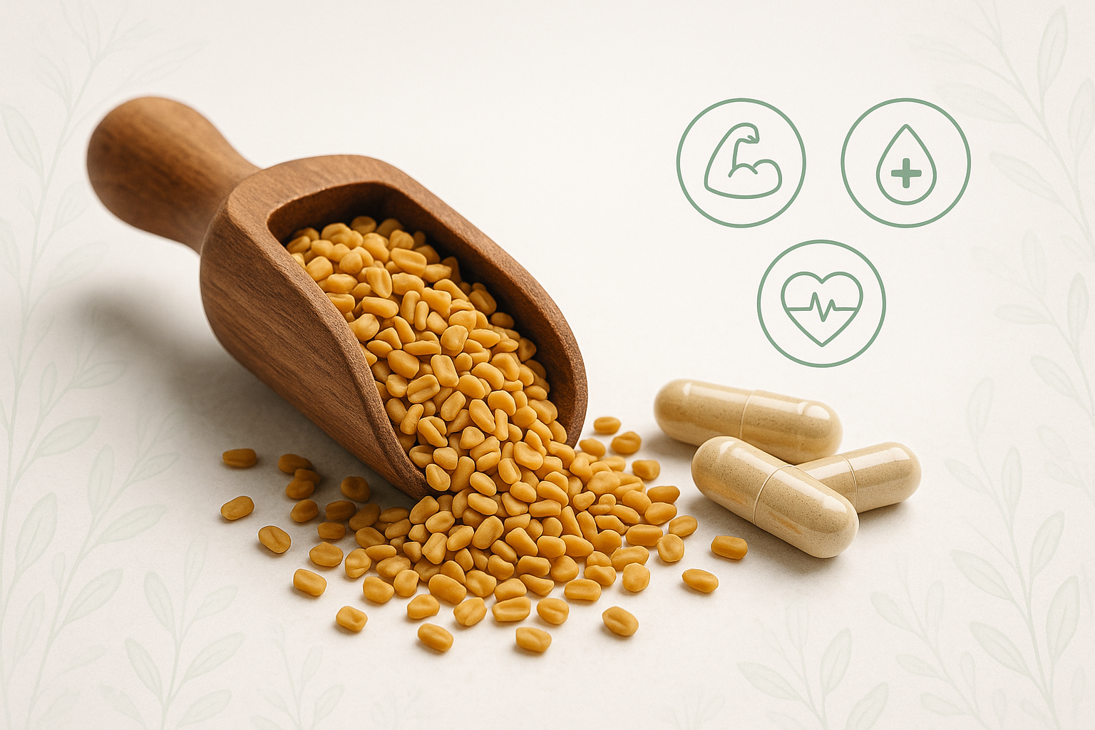 Fenugreek seeds, supplement capsules, and wellness icons representing health benefits.