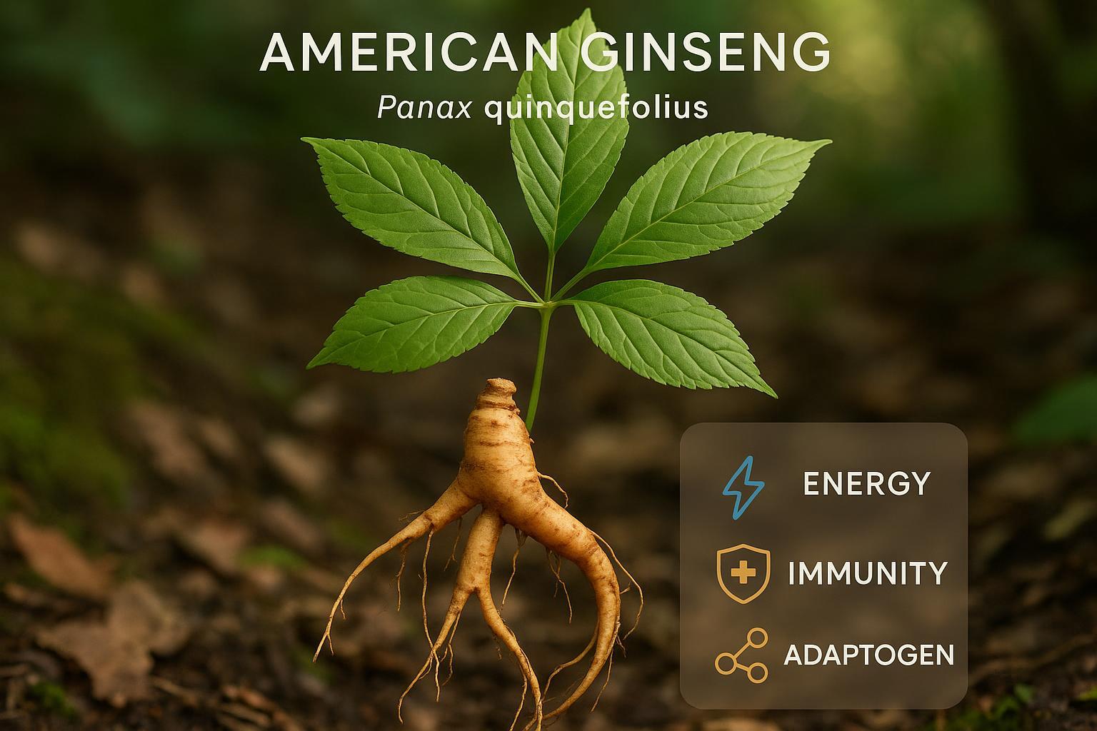Botanical close-up of American Ginseng (Panax quinquefolius) in North American forest, symbolizing natural wellness.