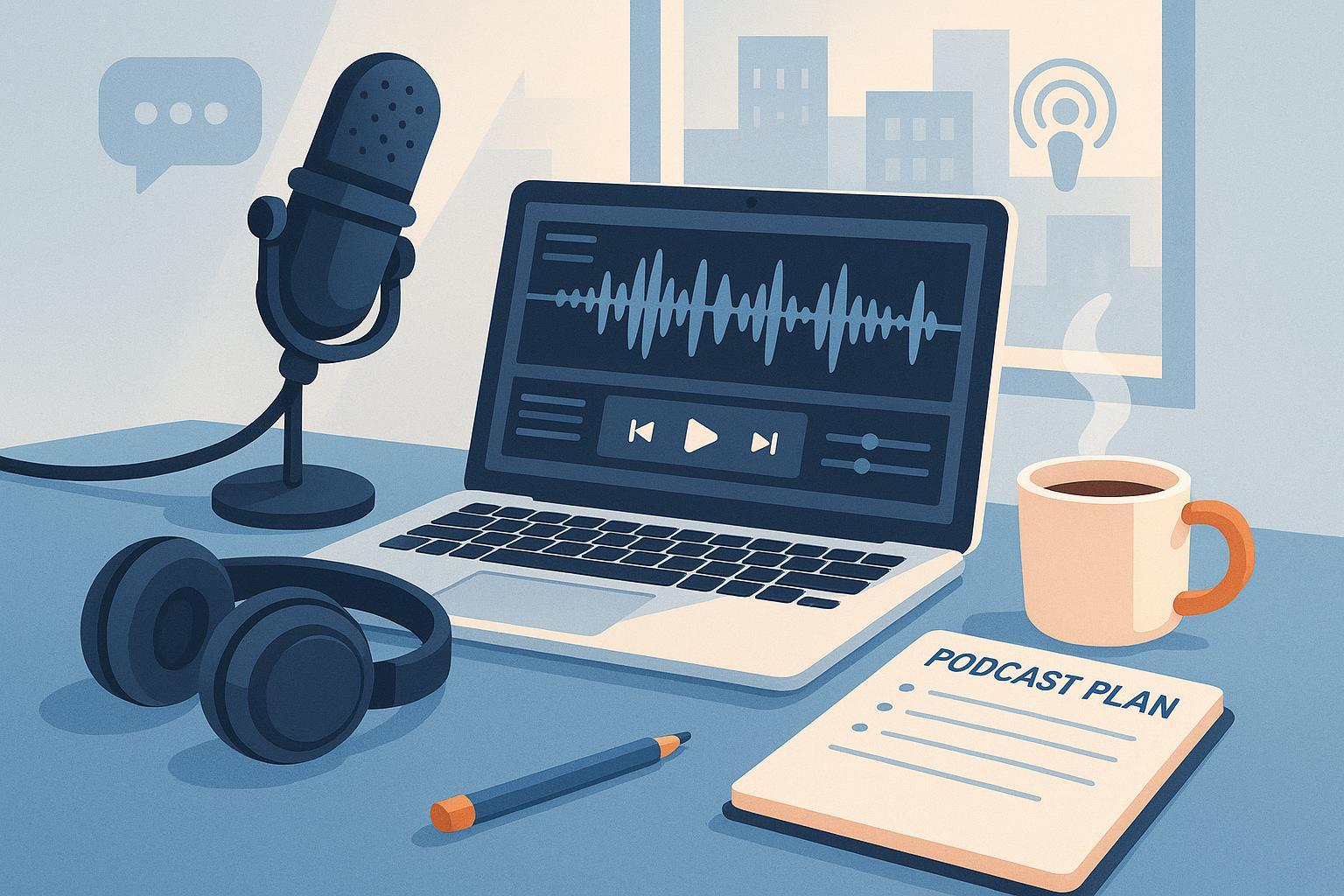 Podcast Beginner Guide cover image showing podcasting workspace, microphone, laptop, headphones, and planning notes.