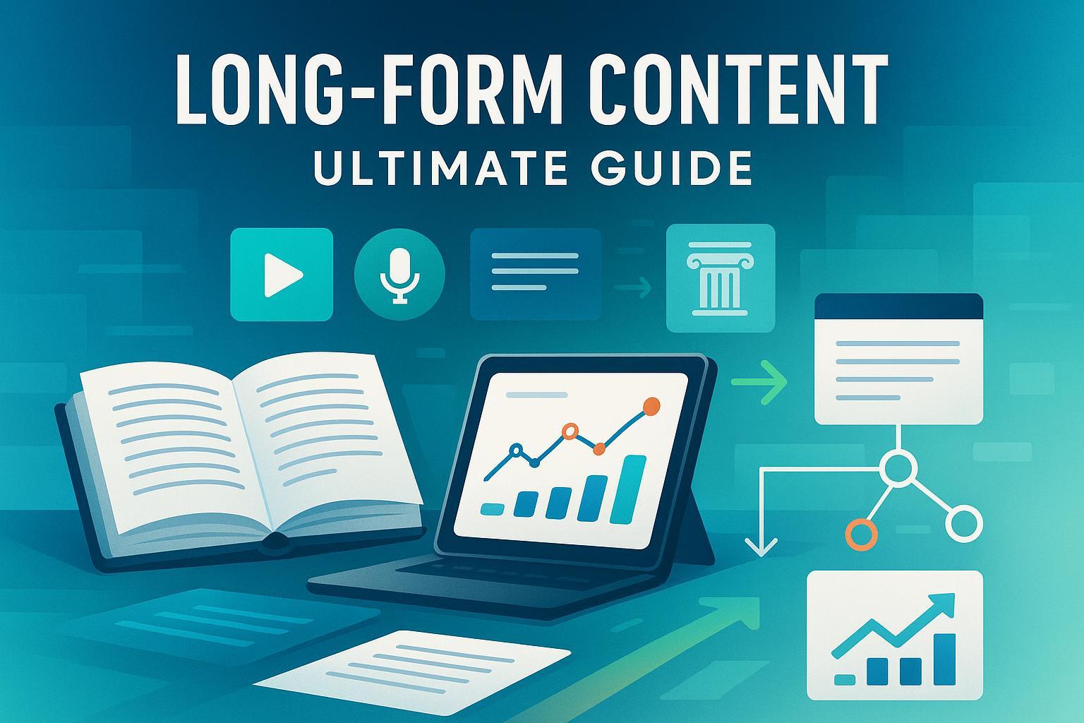 Cover image for the Ultimate Guide to Long-Form Content showing books, digital content, analytics charts, multimedia icons, and workflow diagrams in a modern digital workspace.