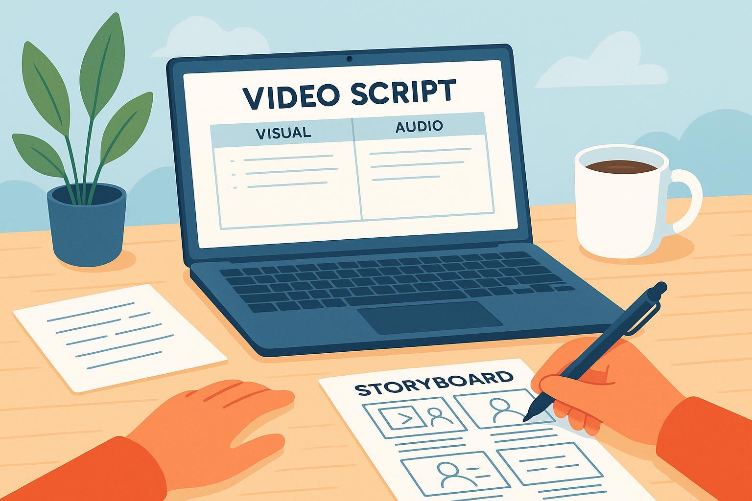 Cover image: Person creating a video script at a laptop, with script template and storyboarding notes.