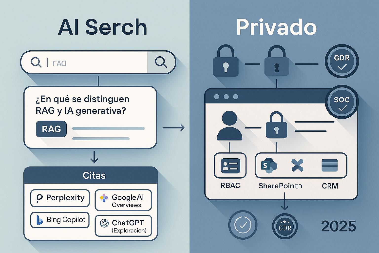 Motores de búsqueda IA públicos vs privados (2025): comparativa y optimización