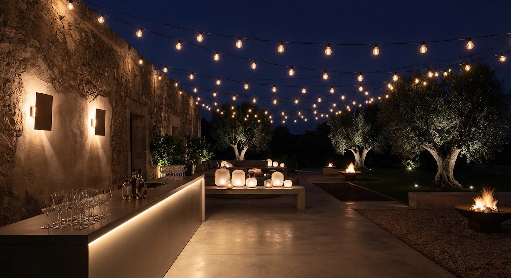 A cozy outdoor patio at night, illuminated by warm string lights, wall sconces, tabletop lanterns, and small fire pits, featuring a modern bar counter with glassware in the foreground and olive trees in the background.