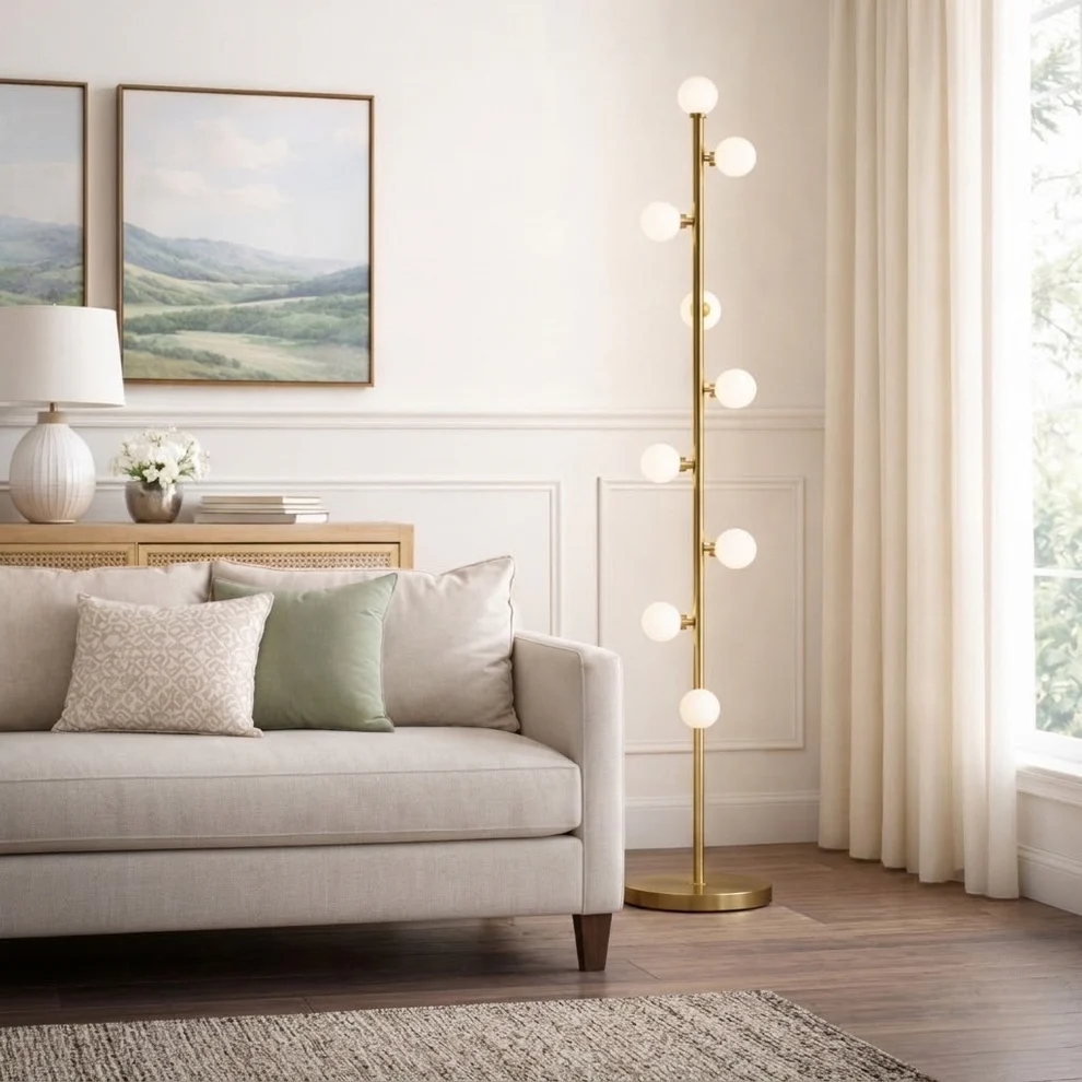 Excelis Pearl Necklace Floor Lamp – Gold Stem Staggered Bulbs Elegance Living Room