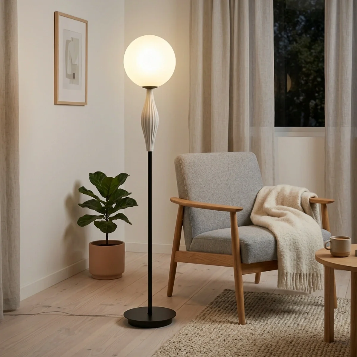 Crema Designer Floor Lamp — Black Metal & Glass Globular Design for Study Room/Bedroom