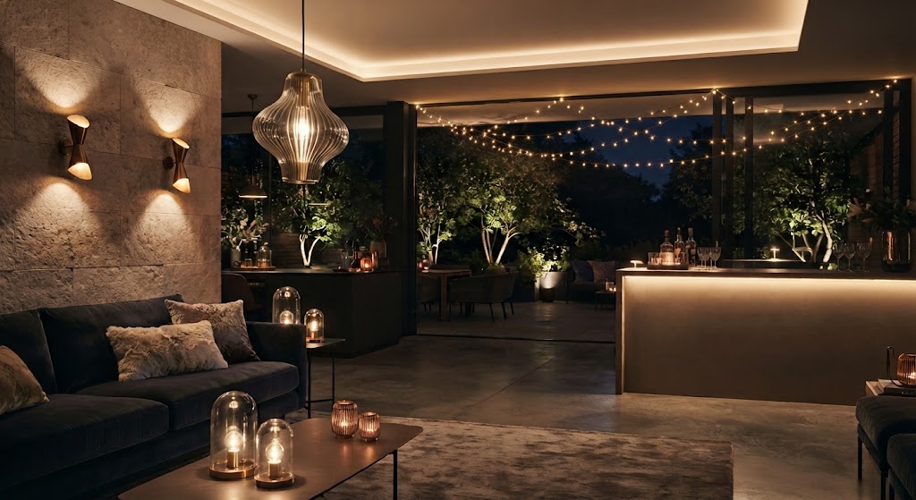 A modern, luxurious living room and bar area at night, warmly illuminated by stylish pendant lights, wall sconces, ceiling strip lighting, table lamps, and a view of an outdoor patio strung with fairy lights.