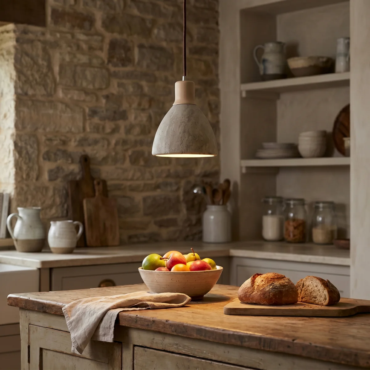 Strata Modern Organic Pendant Light — Travertine Stone & Wood Kitchen Island Lighting