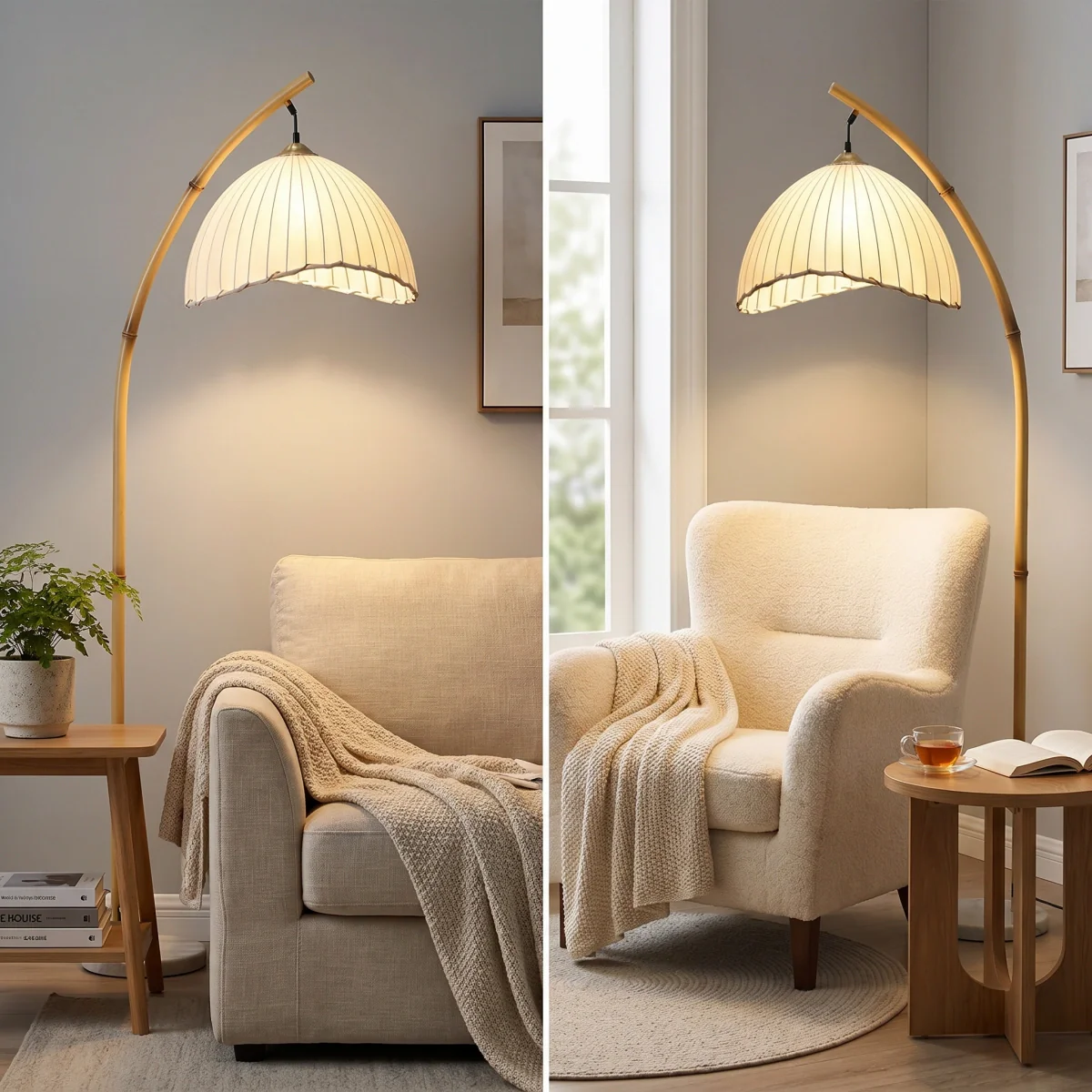 Velora Natural Beige Floor Lamp - Metal Frame with Fabric Bowled Shade