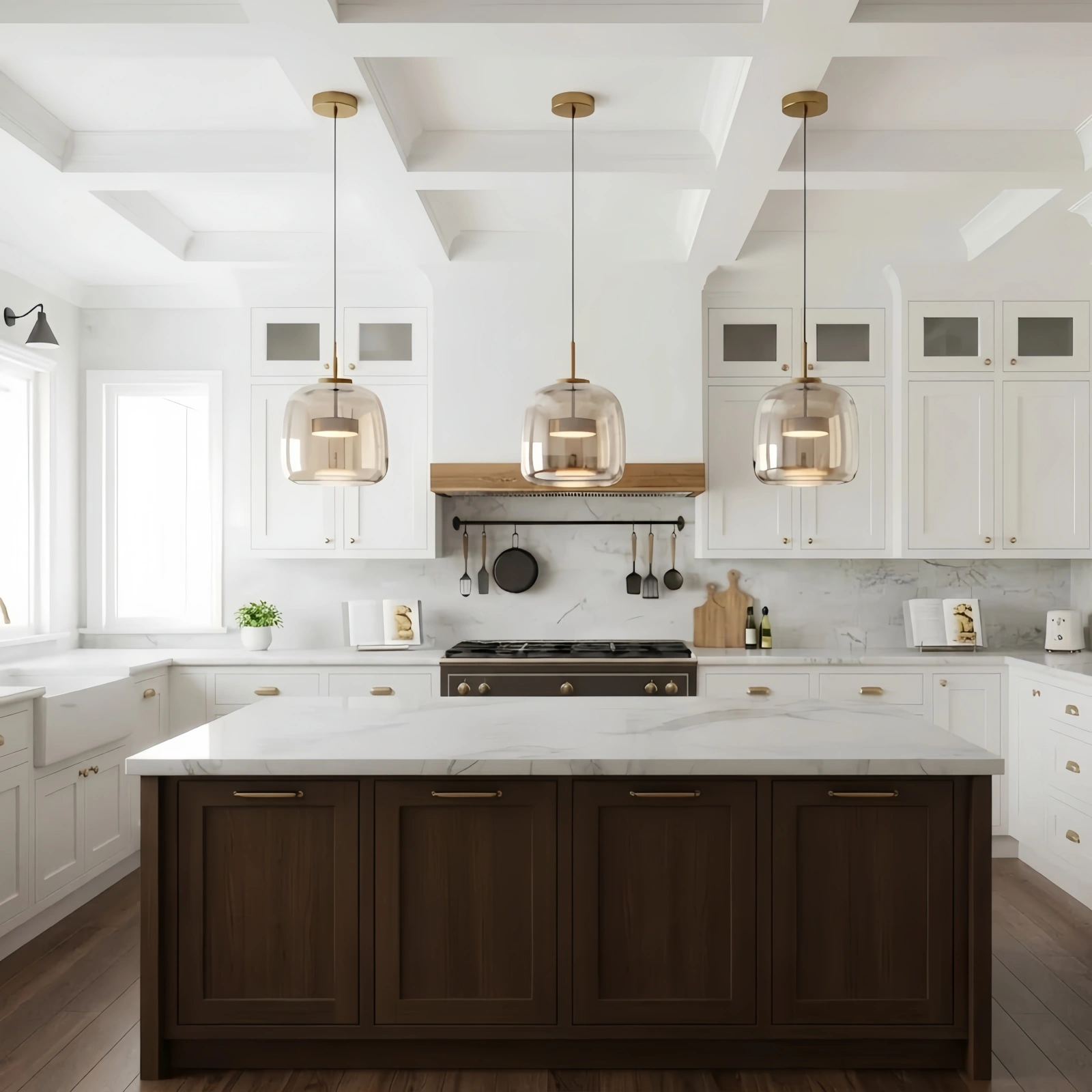 Modern Hand-Blown Pendant Lamp — Smoked Glass & Metal Accent for Kitchen Island