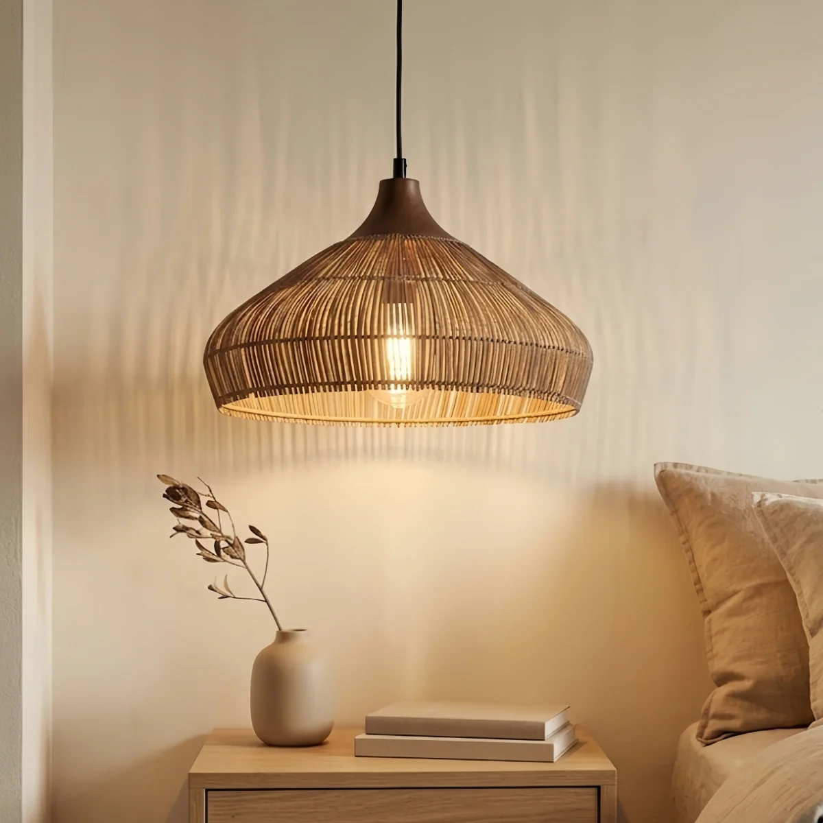 Modern Fabric Table Lamp – Copper and Walnut Wood Bedside Light for Bedroom
