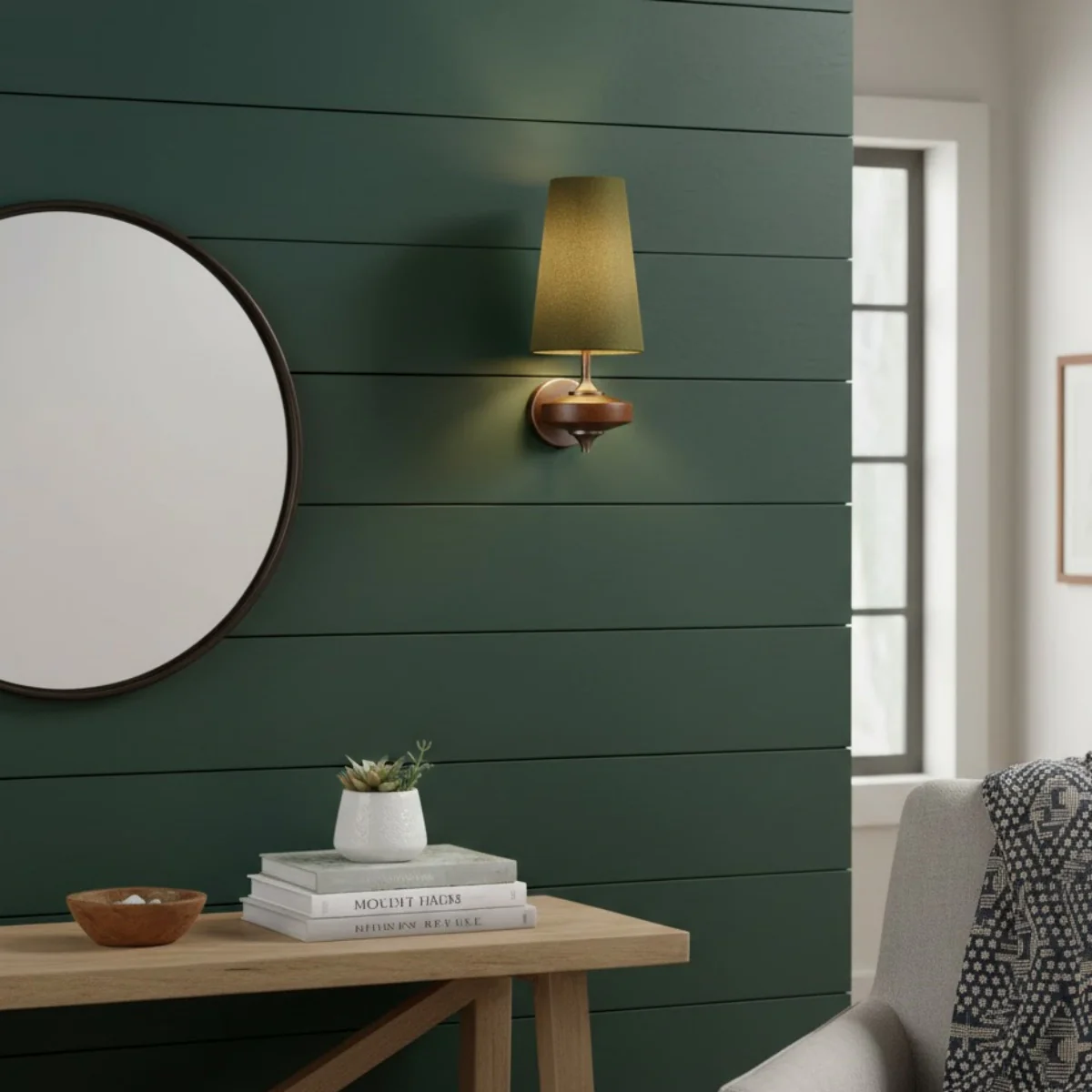 Mid-Century Wall Sconce – Fabric Shade and Wood Wall Light in Bronze for Bedroom