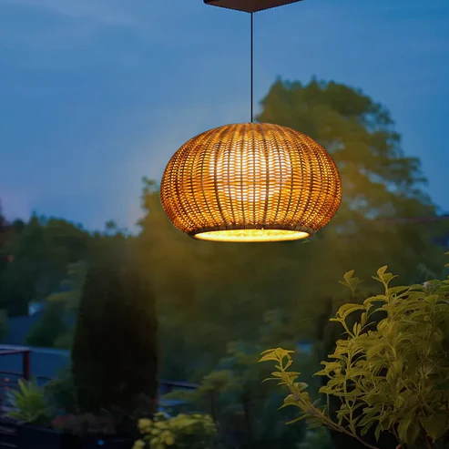 Bamburo Rustic Brown Outdoor Pendant Light - Bamboo Acrylic Lantern Garden