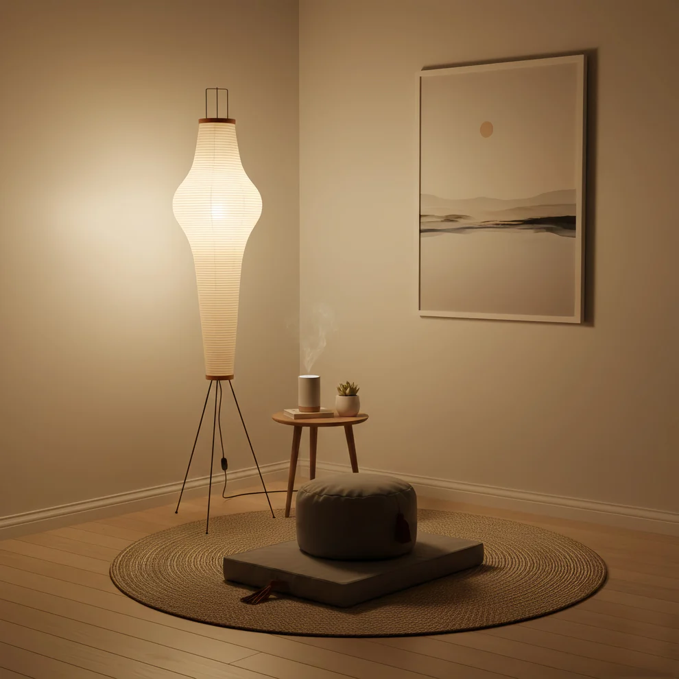 Japanese Floor Lamp – Mulberry Paper Lantern Light with Black Metal Base for Living Room
