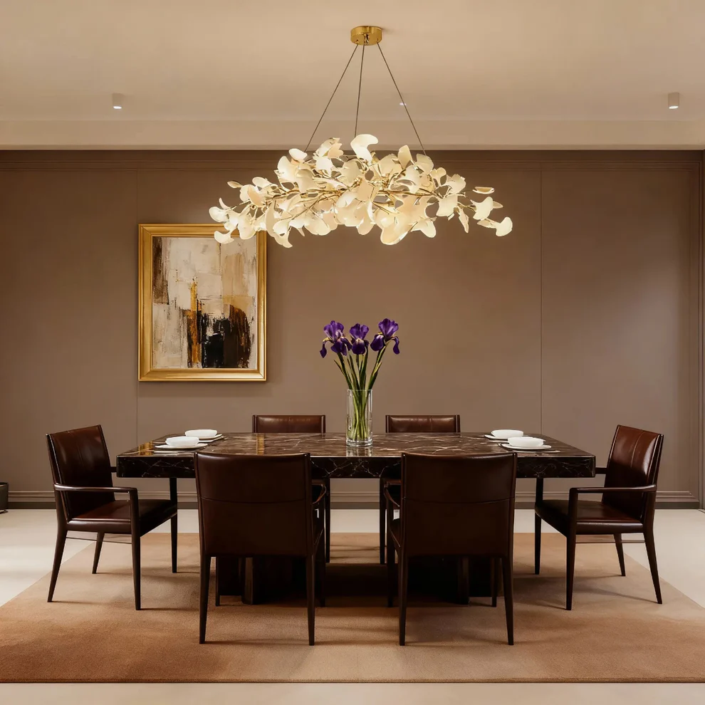Excelis Art Deco White Chandelier – Metal/Acrylic Gingko Design for Living Room