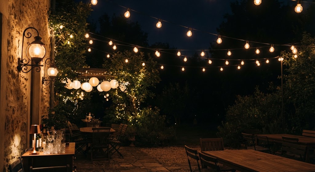 A warm and inviting outdoor dining area at night, warmly illuminated by overhead string lights, traditional wall lanterns, and glowing paper lanterns nestled among lush trees and rustic stone walls.