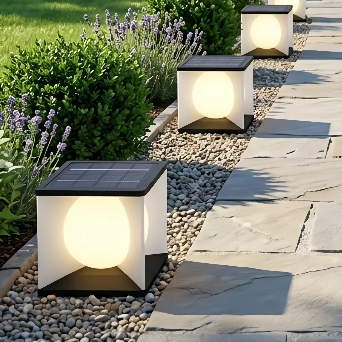 Lunara Art Deco Solar Outdoor Pillar Light - Black Metal Square Moon for Courtyard/Garden