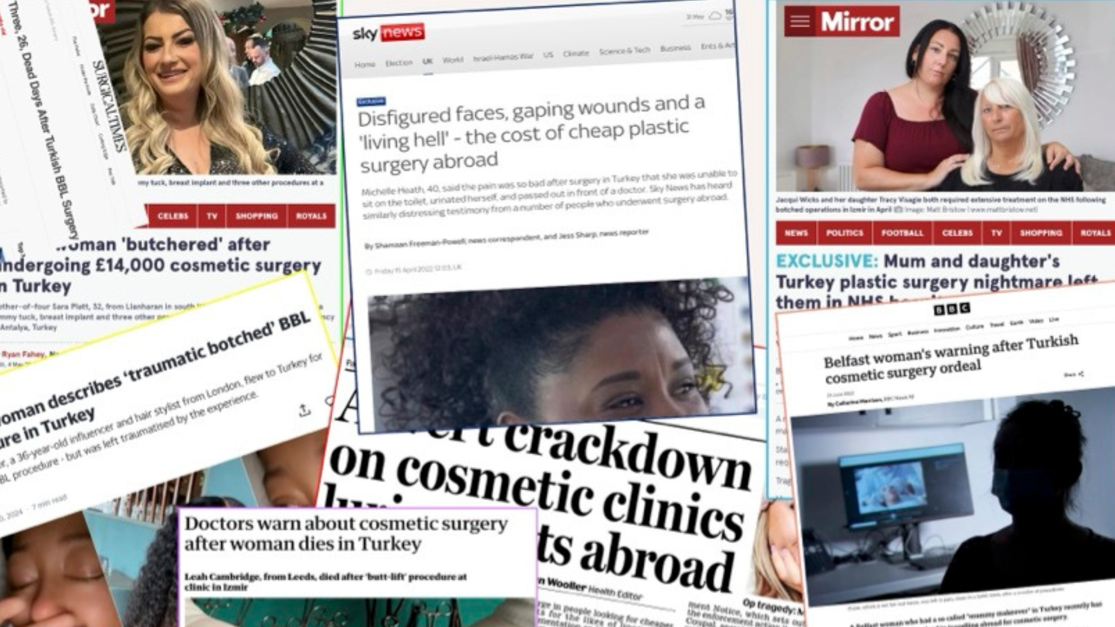 Why Asthetica? The Story Behind the Standard 3 Collage of UK news headlines and articles about cosmetic surgery complications in Turkey, featuring stories of botched procedures, patient injuries, and warnings about cheap plastic surgery abroad.