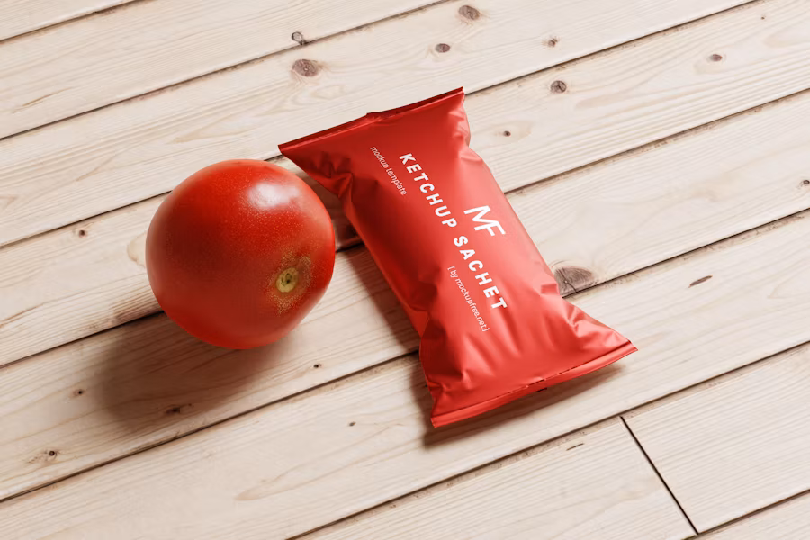 a ketchup sachet and a tomato