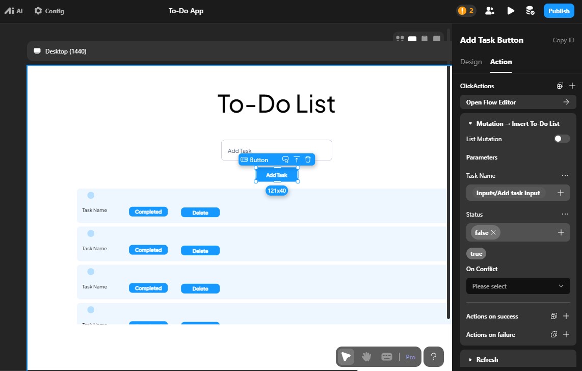 In Momen, you can set intricate action parameters when setting up frontend automations for your app.