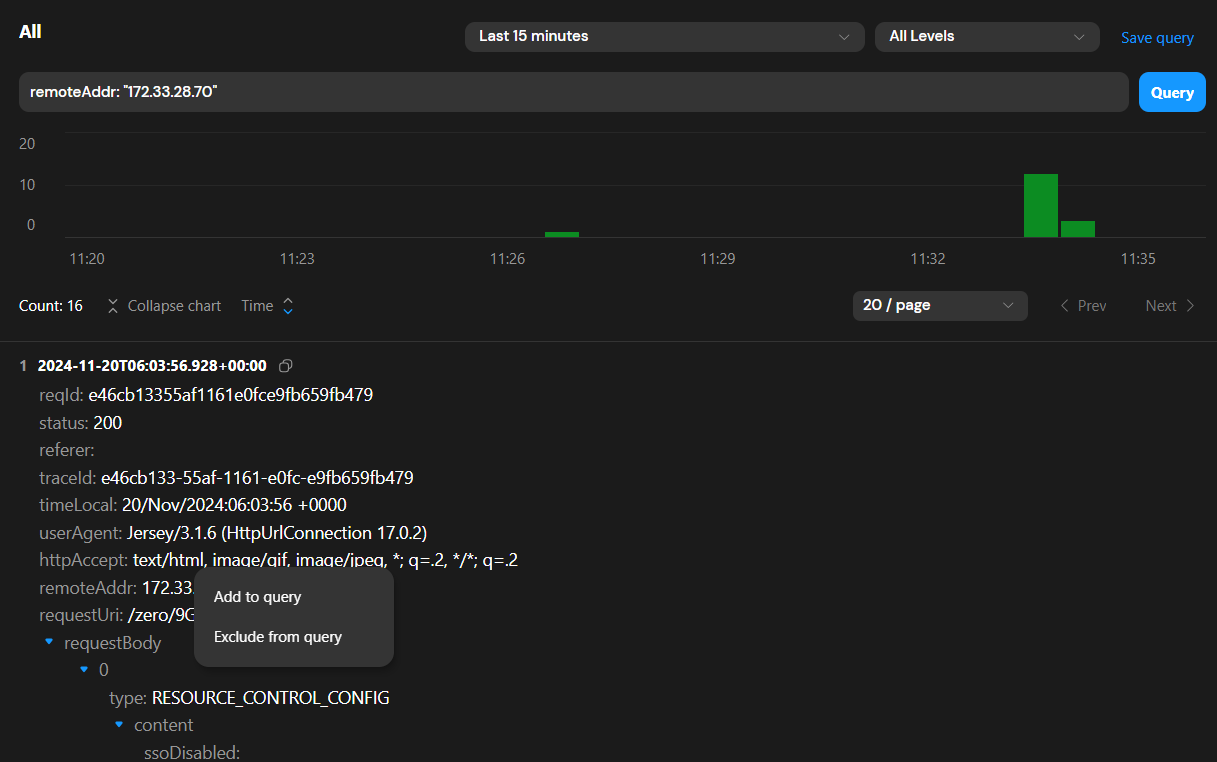 Momen's logs can be searched with high precision using query syntax.