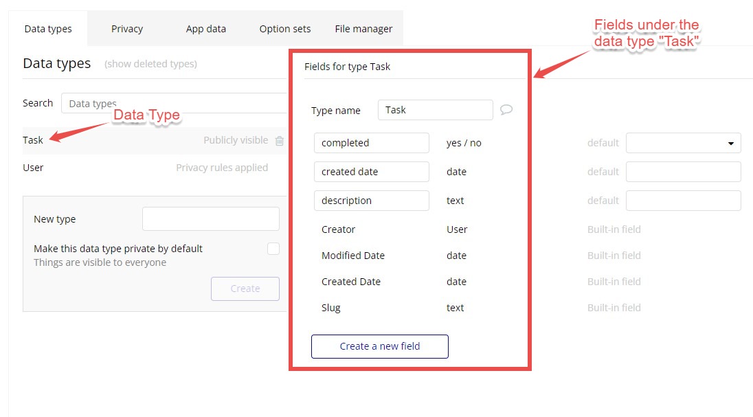 Bubble’s databases organize information into data types with customizable fields.