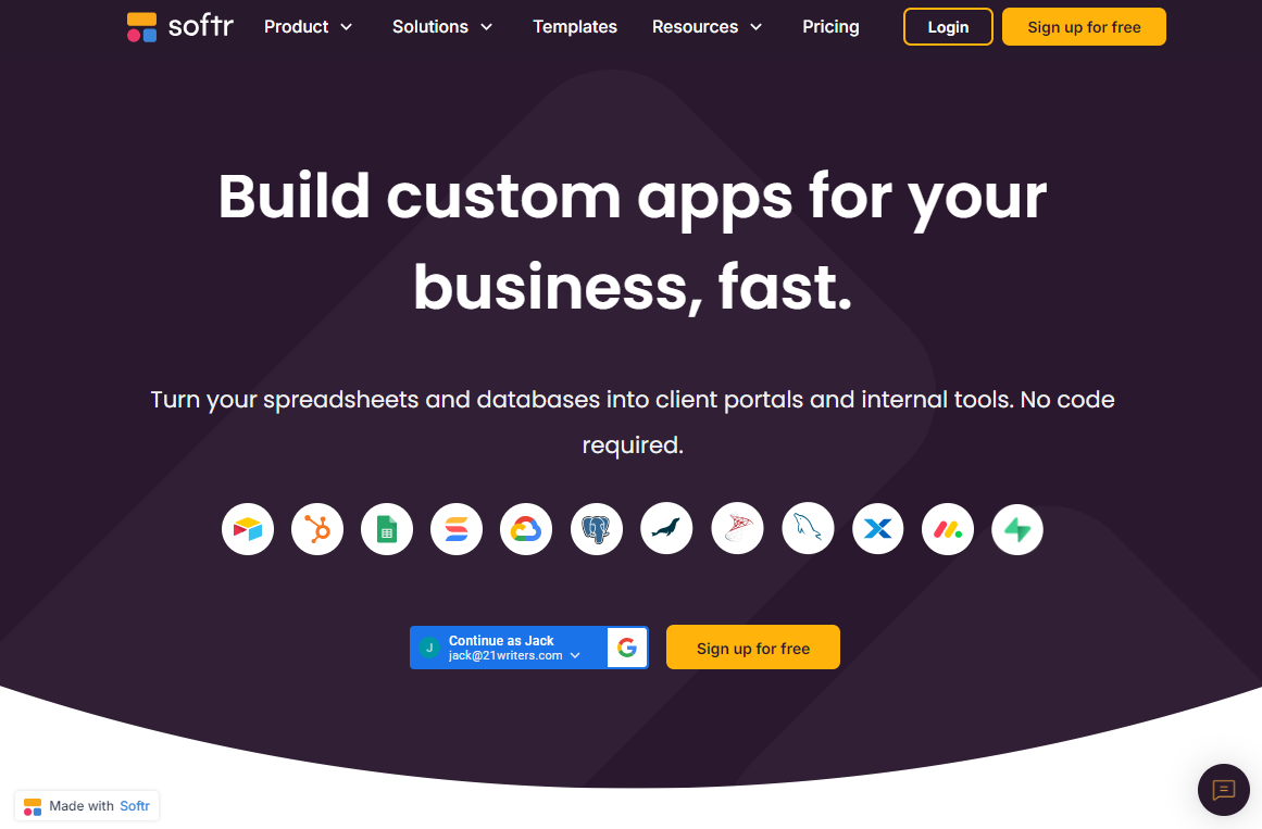 Softr’s homepage has a slogan: ‘Build custom apps for your business, fast'.