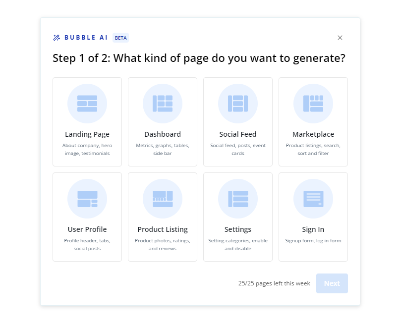 The Bubble AI feature helps you generate frontend for a variety of page types.